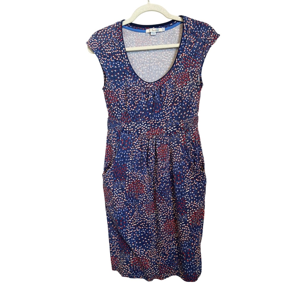 Boden Women's Blue Red White Print Jersey Knit Dress Size 4 Pockets